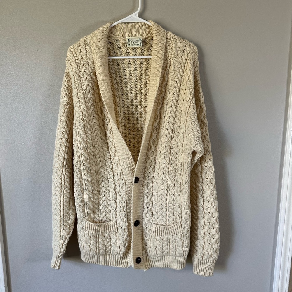 Irish Aran Cable Knit Cardigan Sweater Large - Cream 100% wool